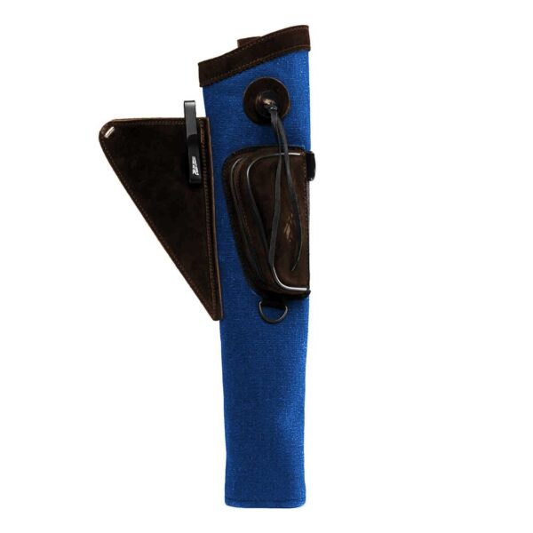Beier Seitenköcher aus Baumwolle und Leder in Blau und Braun, Vorderansicht