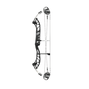 PSE Dominator Duo X 35 M2 – Black Handle / White Limbs PSE Dominator Duo X 35 M2 Compoundbogen in Seitenansicht, Mittelteil in Schwarz und Wurfarme in Weiß