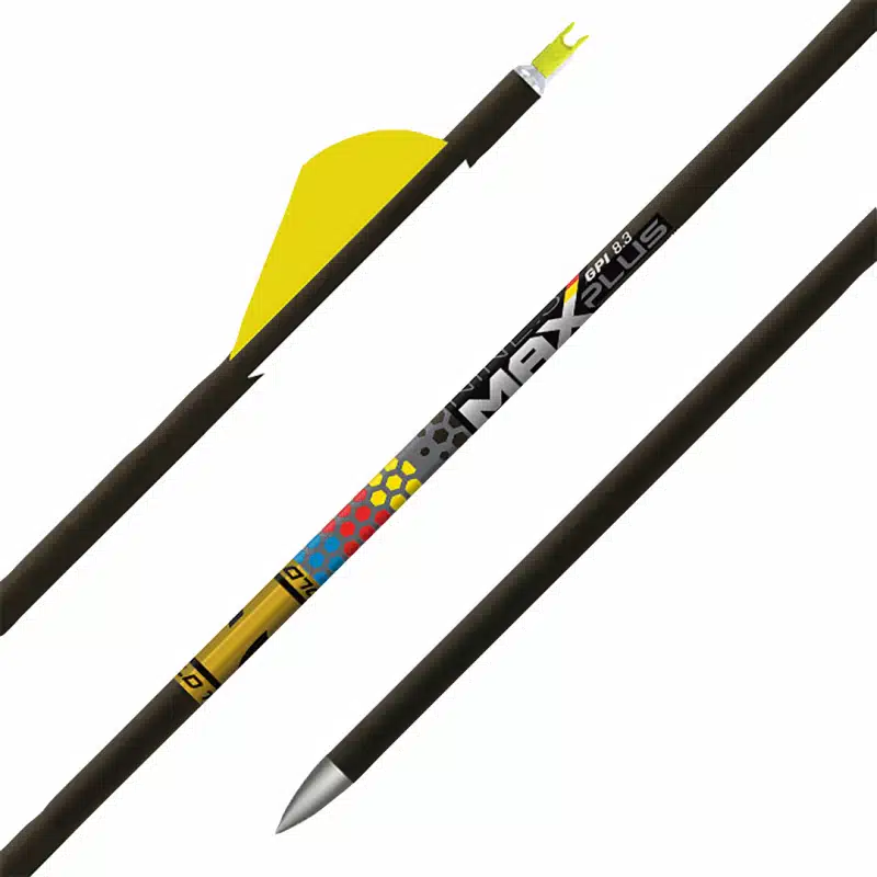 Nahaufnahme mehrerer Carbonpfeile mit Nocken, Befiederung und Metallspitze