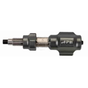 Grauer Akusta AP01 Button mit Gewinde und schwarzem Einstellkopf